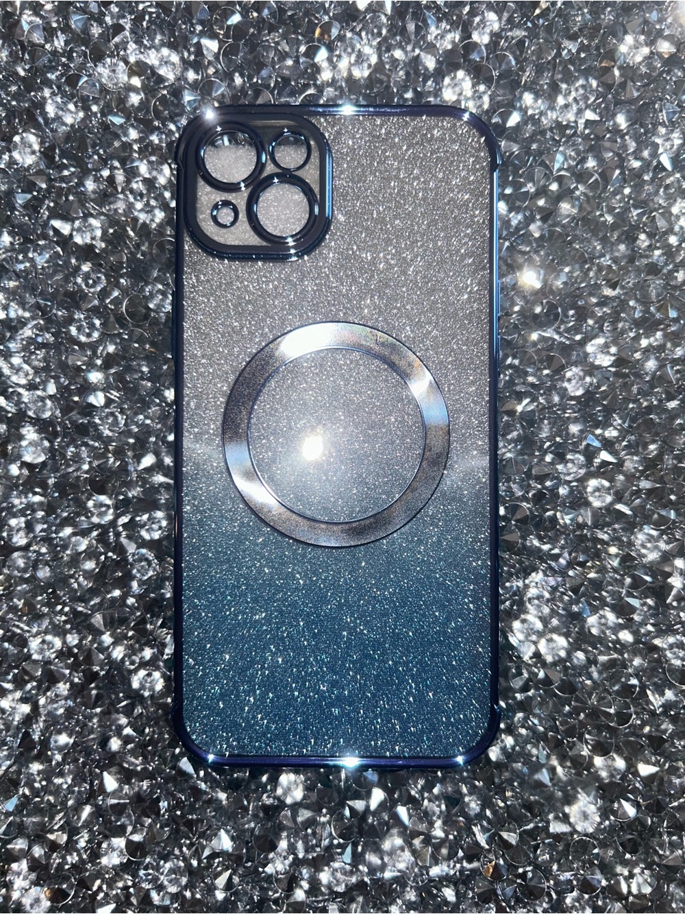 iPhone 15 plus Glitter Ombre Blue Protective Phone Case with Magnetic Ring